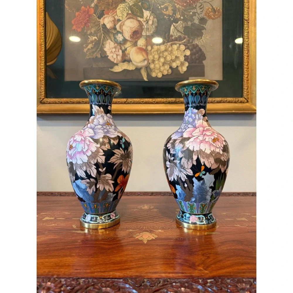 Vintage Cloisonné Peony Vase Pair‎ - 10.25